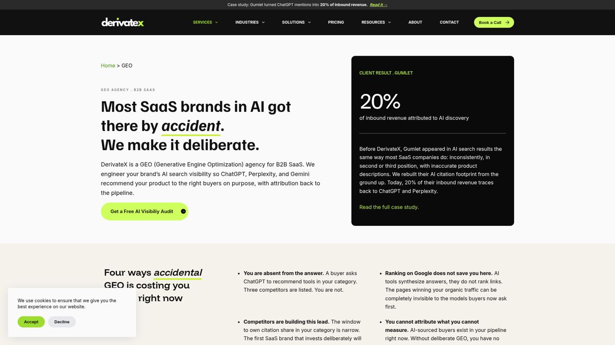 DerivateX GEO agency page for B2B SaaS
