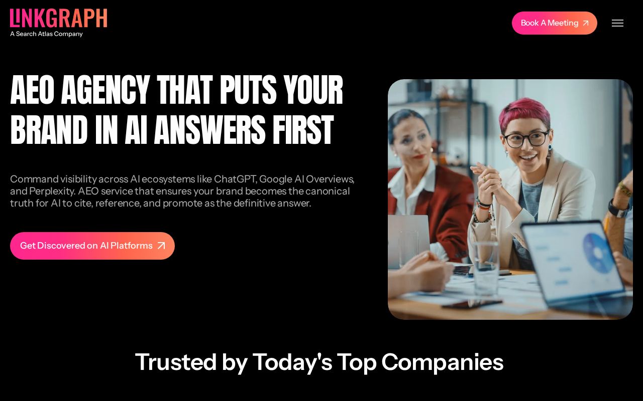 LinkGraph AEO agency page describing visibility across ChatGPT, Google AI Overviews and Perplexity