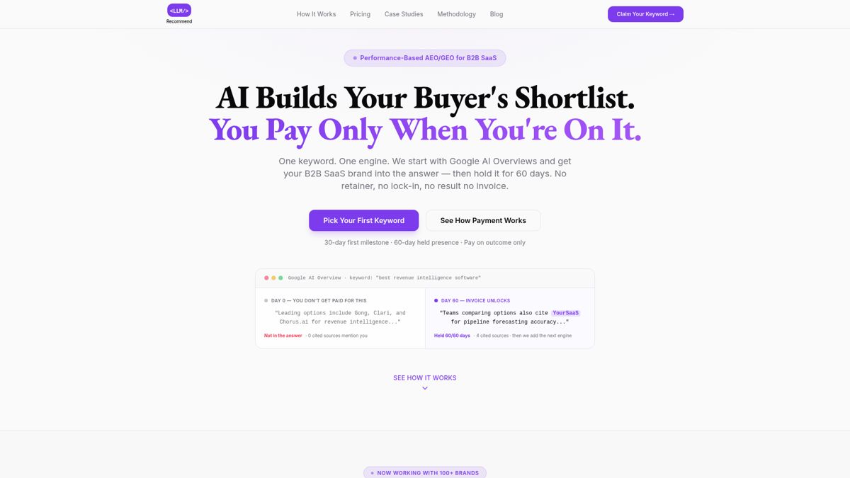 LLM Recommend homepage showing its pay-on-outcome AEO and GEO offer