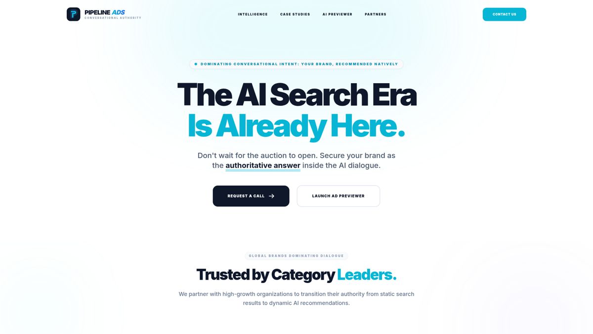 Pipeline Ads homepage positioning conversational authority for AI search